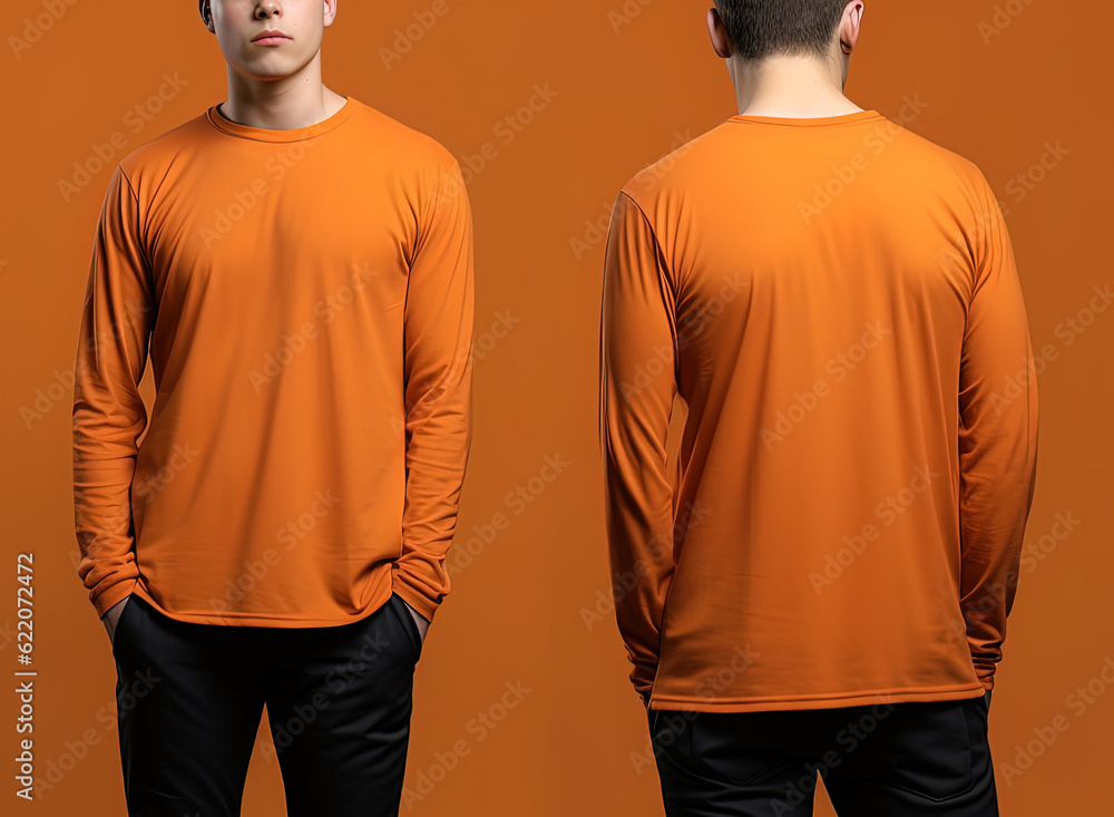 Wall mural Man wearing a orange T-shirt with long sleeves. Front and back view