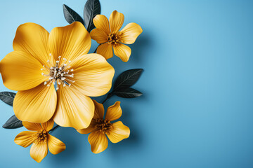 Featuring a yellow flower on a bright blue background with petals, symbolizing emotions and evoking a summer flat lay concept. Generative Ai.