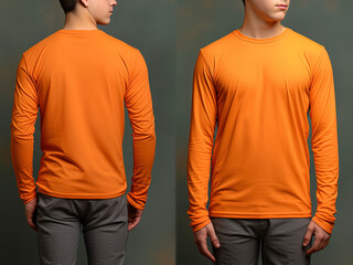 Man wearing a orange T-shirt with long sleeves. Front and back view