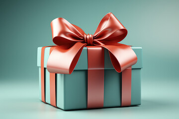 Open gift box or present box with red ribbons and bow isolated on a green-blue pastel background with shadow. Generative Ai.