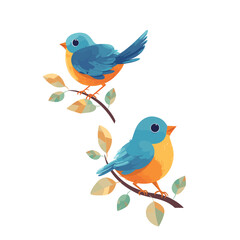 Set of vector blue birds on tree branches. illustration in flat style.