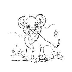 Cute little lion. Black and white line drawing vector. Simple children's coloring, illustration for children's creativity.