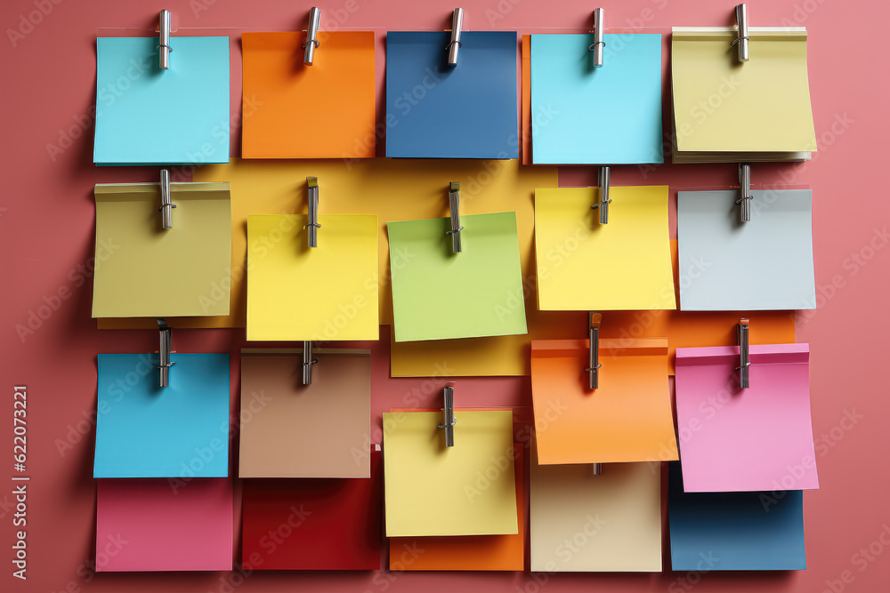 Poster colored sticky notes and a marker are artfully arranged on a pastel background, creating a visually 