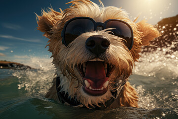 Adding a touch of humor, a funny dog is depicted surfing, capturing the joy and playfulness of our furry friends. Generative Ai.