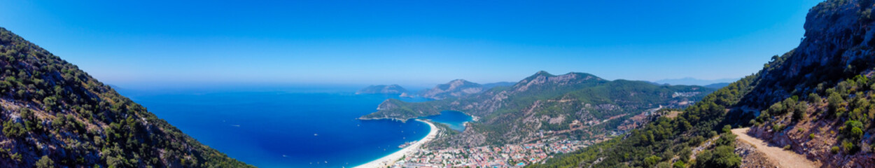Aerial panoramic view of Oludeniz (Blue Lagoon) and Lycian Way.