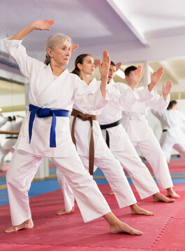 Various aged men and women in white kimono and belts standing in row while training kata moves in gym.