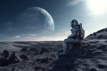 Astronaut sitzt auf einem fremden Planeten und beobachtet den Himmel. Forschung und Besiedlung neuer Galaxien.