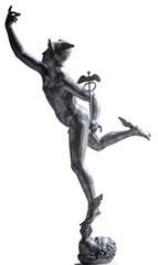 Ancient bronze statue of the Hermes or Mercury God on a white background. The God is standing with...