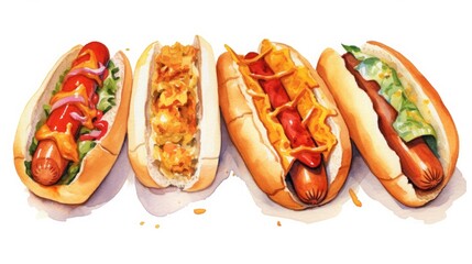 Hand drawn watercolor illustration of a four hot dogs on a white background.