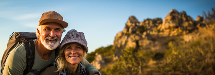 Fototapeta premium Active Older Couple Explores the Great Outdoors, Backpacking and Hiking Together.