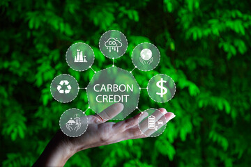 Carbon Credit Market. Carbon credit icon in hand on green leaf background. Icon energy and...