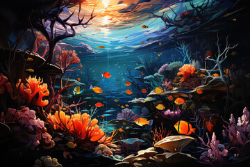 Obraz na płótnie Canvas An underwater ecosystem teeming with vibrant marine life, emphasizing the beauty and importance of marine biodiversity. Generative Ai.