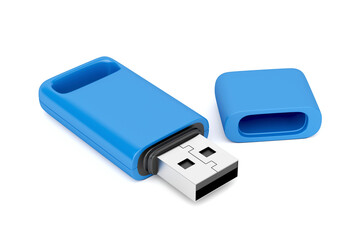Blue usb flash drive on white background