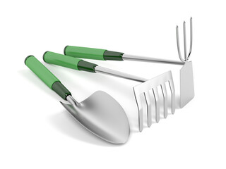 Small garden tools on white background