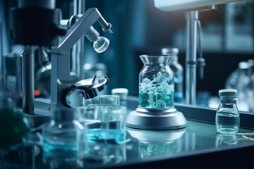 microscope with lab glassware, science laboratory research and development concept