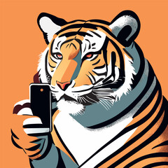 Highdefinition picture quality, a threedimensional and dynamic tiger, holding a smartphone Japanes, vector illustration flat