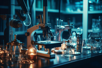 microscope with lab glassware, science laboratory research and development concept