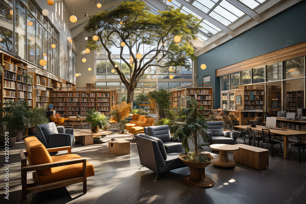 Poster inspiring architecture of modern libraries and learning centers, creating welcoming spaces for knowl