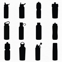 Various types of plastic, steel, glass water bottle silhouette set
