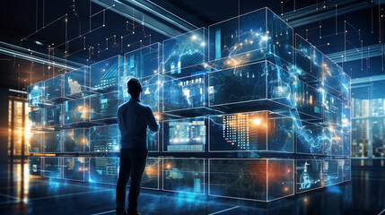 A man standing in future network room, global network concept, a businessman in future technology