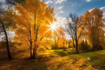 Golden color autumn forest landscape with red, orange foliage in the fall park.