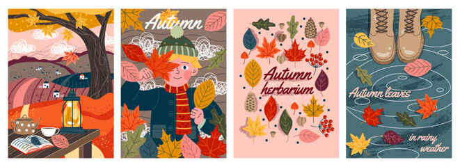 Fototapeta na wymiar Autumn poster with leaves set. Abstract posters with cozy atmosphere, rainy weather, boy, village landscape and book. Banner with rural nature and deciduous season. Cartoon flat vector illustrations