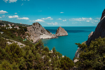 Beautiful green trees grow from the mountain.