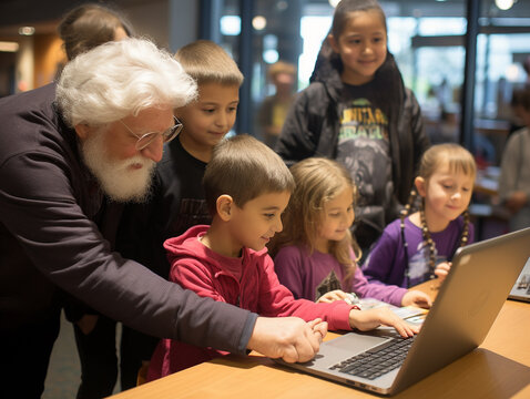An Elderly Man Teaching a Group of Young Children to Code | Generative AI