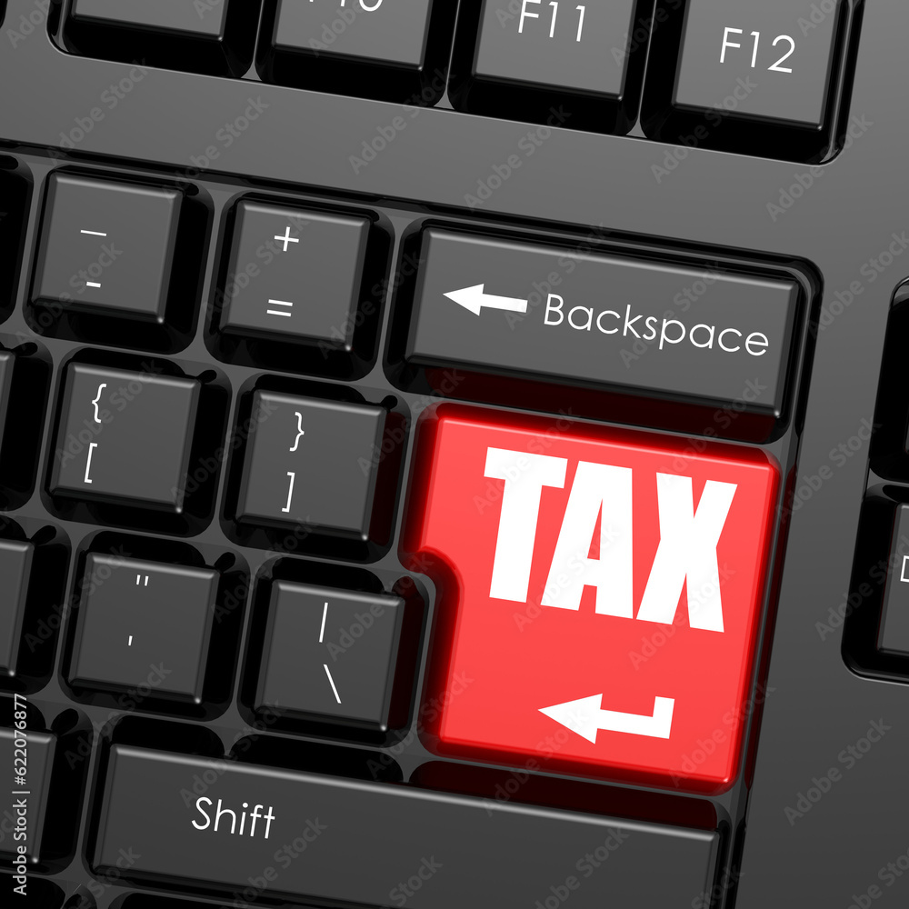 Poster red enter button on computer keyboard, tax word, 3d rendering