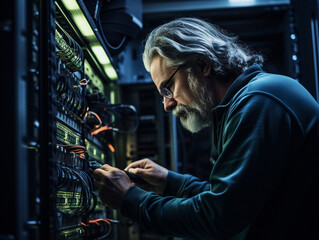 Senior Man Troubleshooting a Server in a Data Center | Generative AI