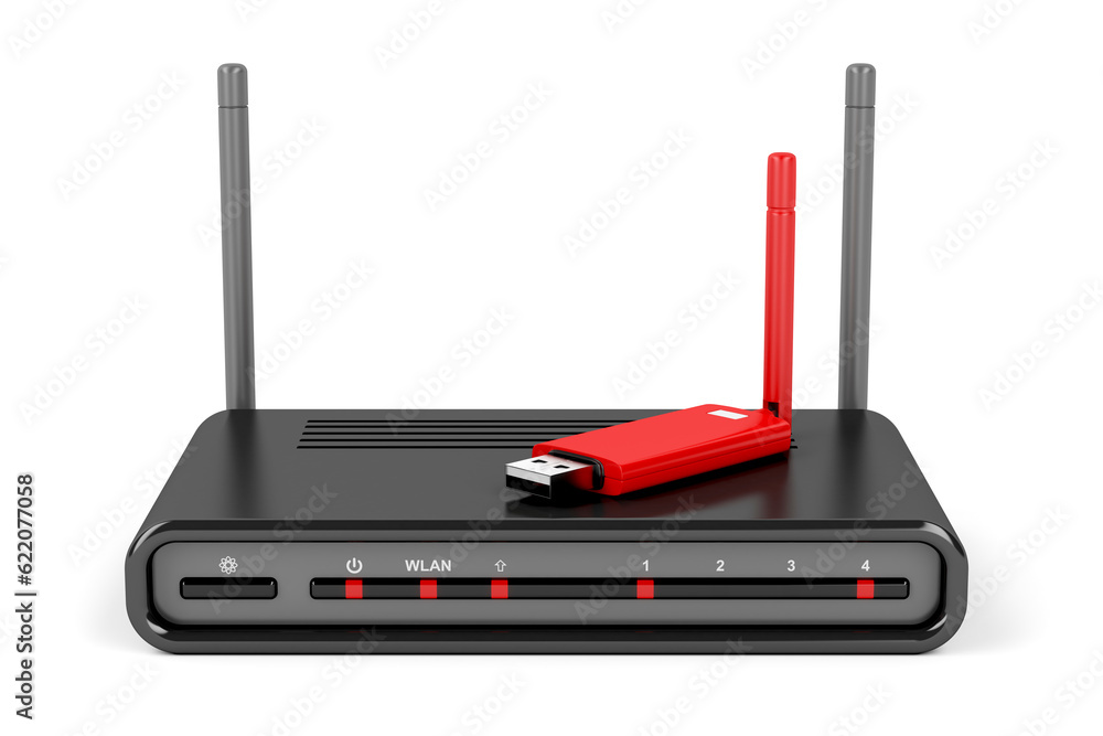 Poster wireless router and usb wireless network adapter on white background