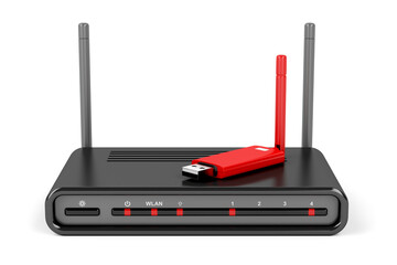 Wireless router and usb wireless network adapter on white background