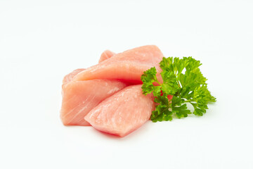 Fresh pieces of turkey meat on a white background.Ogranic food and healthy eating.Frozen chicken fillet.Raw chicken.Chicken Skewers breast fillet meat