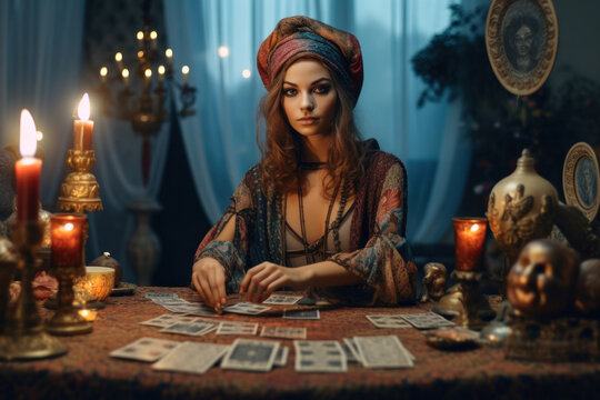 Beautiful young woman reading tarot cards