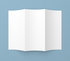 Top view of leaflet blank tri-fold white paper brochure mockup on blue background