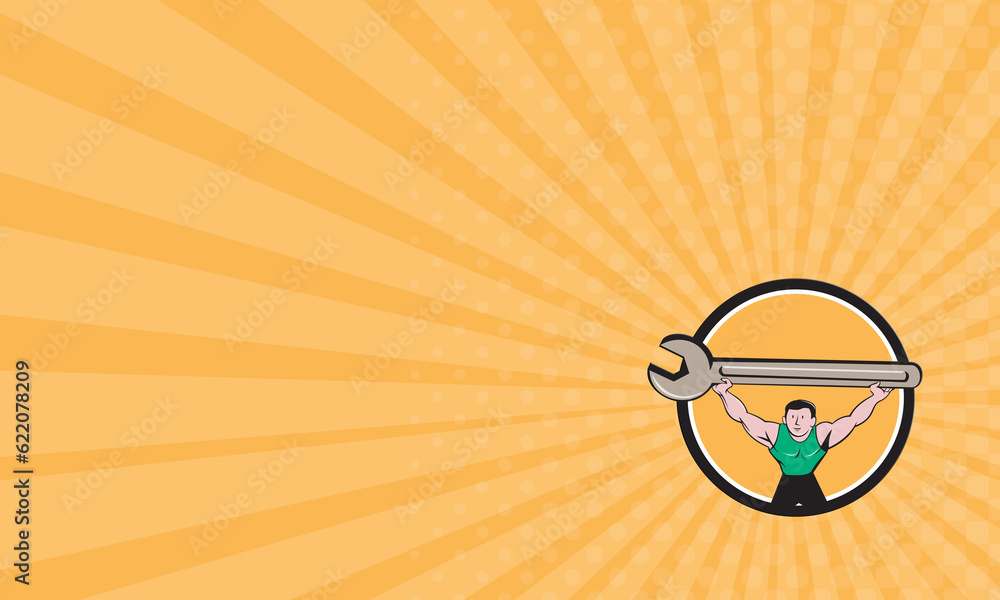 Poster business card showing illustration of a mechanic lifting giant spanner wrench over head viewed from 