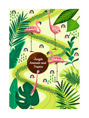 Tropical jungle poster. Colorful exotic cover with flock of birds and green plants. Abstract banner or background with pink flamingos and foliage, fauna and flora.Cartoon flat vector illustration