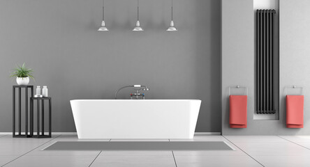 Fototapeta na wymiar Contemporary gray bathroom with minimalist bathtub and black radiator in a niche - 3d rendering