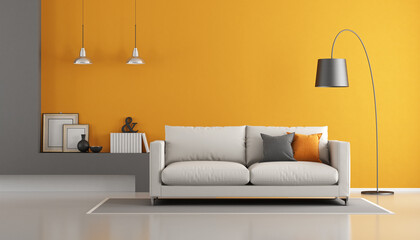 Gray and orange modern living room with sofa - 3d rendering