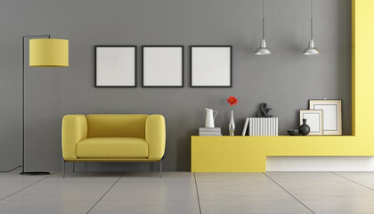 Gray and yellow contemporary living room with armchair - 3d rendering