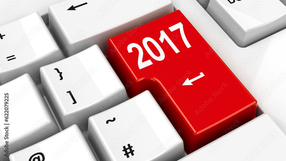Poster computer keyboard with 2017 enter key, three-dimensional rendering, 3d illustration