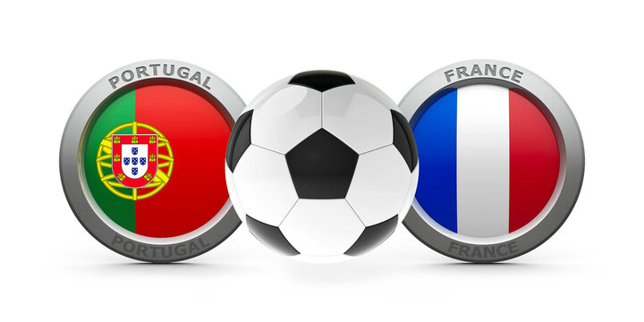 Emblems - Flags of Portugal and France with football - isolated on white, represents final Euro 2016, three-dimensional rendering, 3D illustration