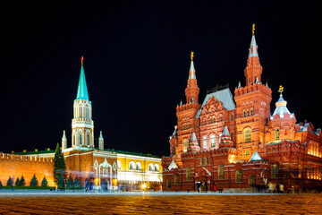 Fototapeta na wymiar Nighttime view of State Historical Museum on the Red Square in Moscow, Russia
