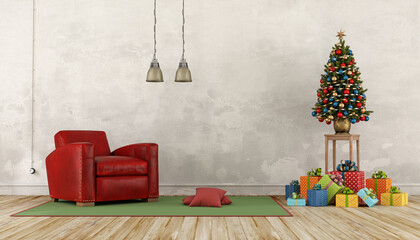 Vintage interior with colorful present , christmas tree and red armchair - 3d rendering