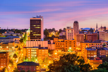 Lynchburg, Virginia, USA downtown city skyline at dusk.