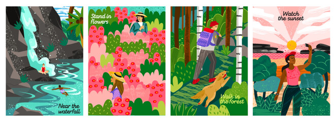 Summer holiday poster set. Banners with relaxing character in nature in tropical forest and flower garden. People swim in pond with waterfall, meditate and go hiking. Cartoon flat vector illustrations