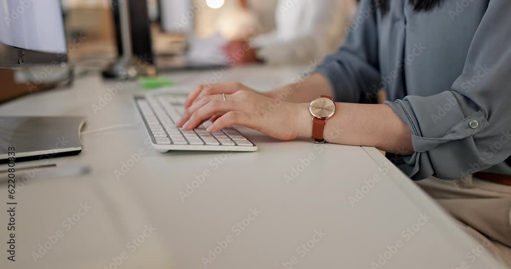 Poster hands, computer and keyboard with a business woman at her desk in the office, searching for informat
