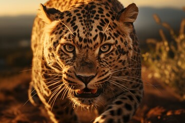 The grace and power of a leopard sprinting through the savannah at dusk. Generative AI