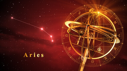 Armillary Sphere And Constellation Aries Over Red Background. 3D Illustration.