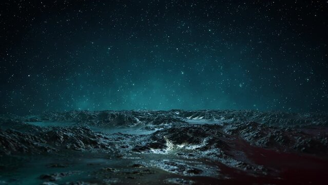 Planet landscape in outer cpace, starry sky with shooting stars. Cosmic seamless loop